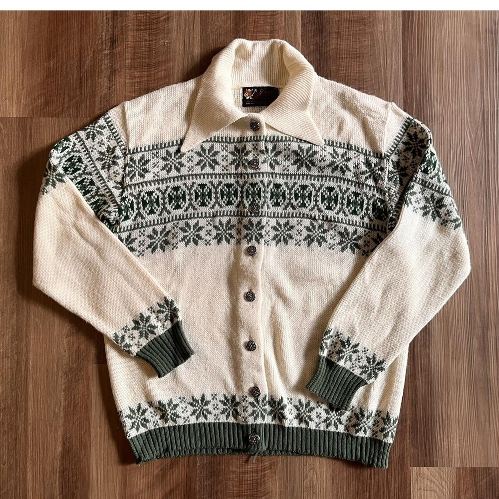 Vintage Versitile Sweater Cardigan Mens Large White Fair Isle Knit Button Front